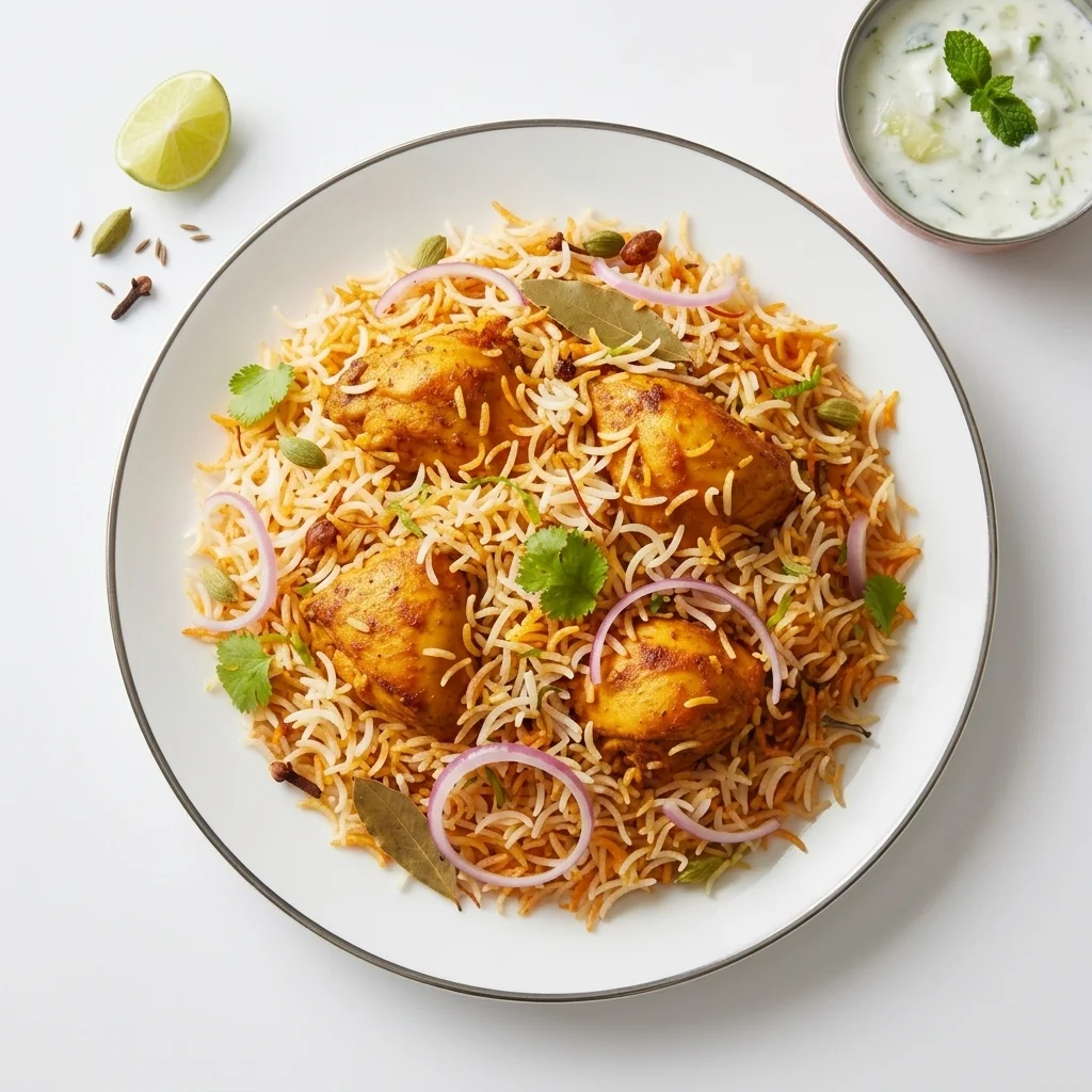 Chicken biryani with basmati rice and raita at Shahi Zaika Calgary NE